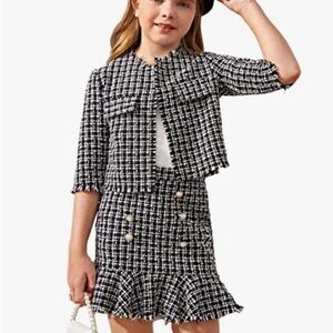 WDIRARA Girl's‎ 2 Piece Plaid
Tweed Half Sleeve Jacket and Ruffle Mini Skirt set